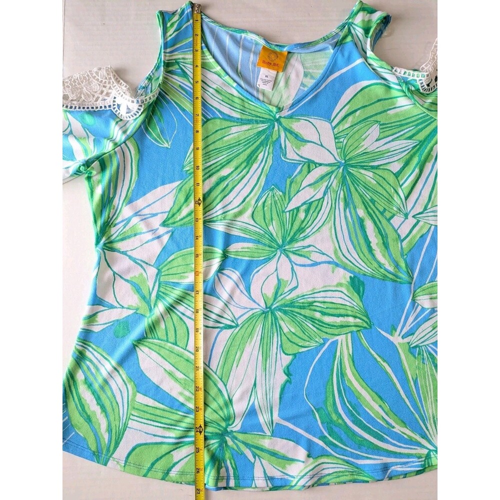 Ruby Rd Womens XL Sleeveless Blue Tropical Leaf Print Blouse Keyhole Crochet - Picture 4 of 16